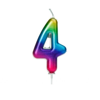 Vela arcoíris con púa moldeada con números metálicos de 4 años
