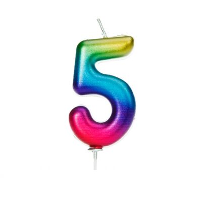 Vela arcoíris con púa moldeada con números metálicos de 5 años