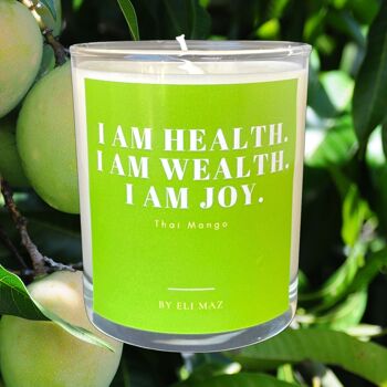 Bougie colorée Affirmation parfumée 230gr, en verre de 30cl - Je suis la santé, je suis la richesse, je suis la joie ! 1