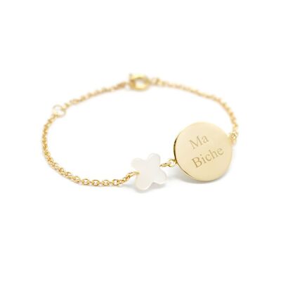 Chain bracelet with mother-of-pearl medallion and gold-plated butterfly for children - MA BICHE engraving