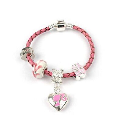 Bracelet enfant 'Miss Pink' plaqué argent cuir rose breloques 16cm