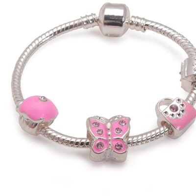 Versilbertes Charm Bead-Armband „Pretty In Pink“ für Kinder, 16 cm