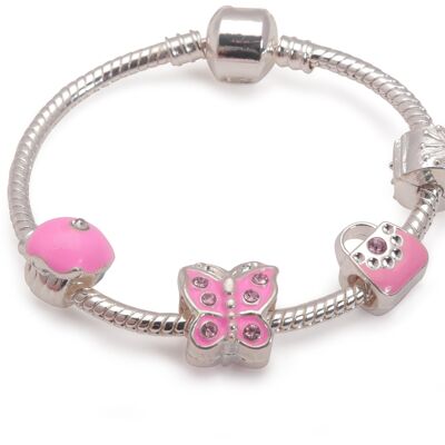 Versilbertes Charm Bead-Armband „Pretty In Pink“ für Kinder, 18 cm