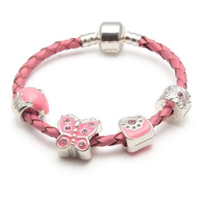 Kinderarmband 'Pretty In Pink' aus rosafarbenem Leder mit Charm-Perlen, 17 cm