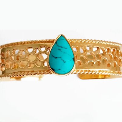 Labyrinth Turquoise Gemstone Open Backed Thin Coral Gold Bangle