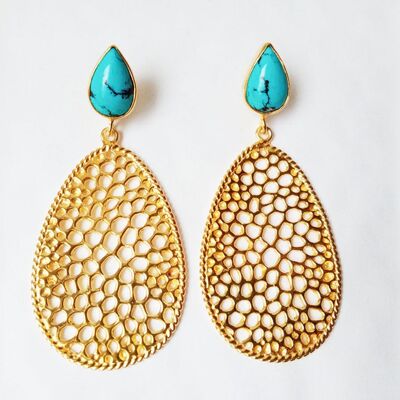 Labyrinth Teardrop Earrings With Natural Turquoise And 18kt Gold Plate
