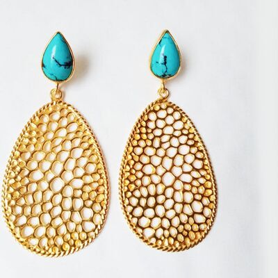 Labyrinth Teardrop Earrings With Natural Turquoise And 18kt Gold Plate