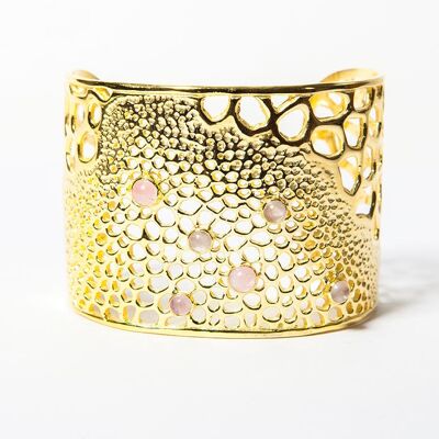Labyrinth Cuff Bangle with Rose Quartz Gemstones And 18kt Gold Plate