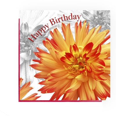 Happy Birthday Orange Dhalia greeting card - Dhalia birthday card