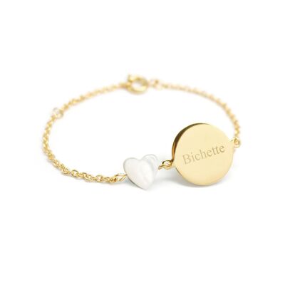 Chain bracelet with mother-of-pearl gold-plated heart medallion for children - BICHETTE engraving