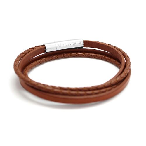 Bracelet cuir le mix cognac homme - gravure MON AMOUR