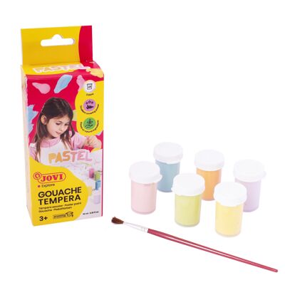 JOVI - tempera liquida, 6 scatole da 15 ml + pennello, Colori pastello, Pittura a base di ingredienti naturali