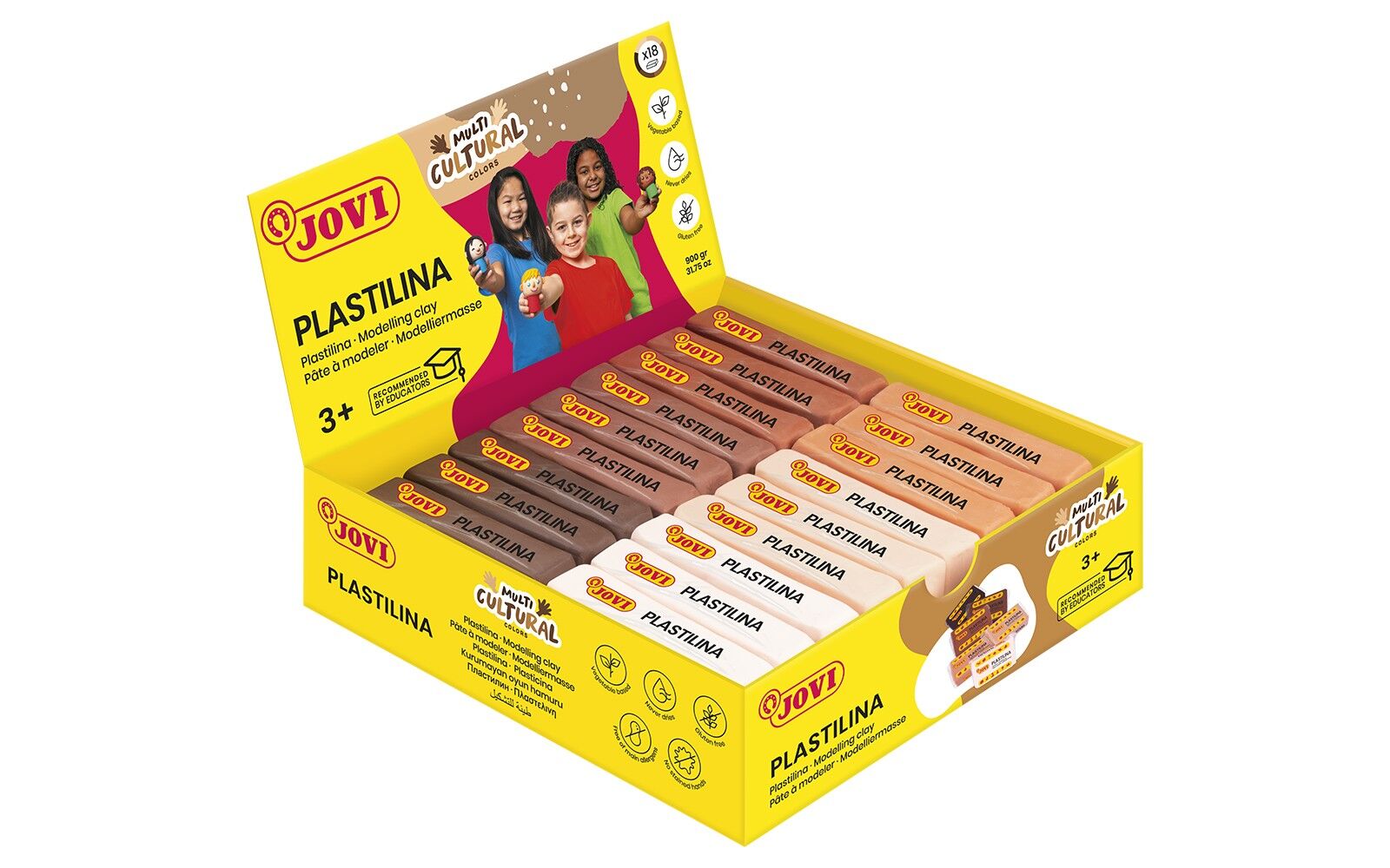 JOVI - Pasta de modelling Plastilina auf pflanzlicher Basis, 18 Fässer à 50 Gramm, Colores Multiculturales