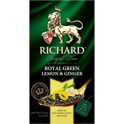 RICHARD ROYAL GREEN LEMON & GINGER, flavoured green tea in sachets, 37.5 g