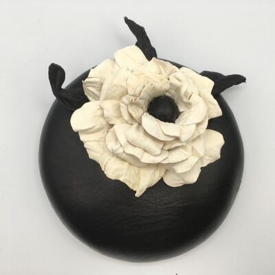 Penelope - Black leather button fascinator with a cream leather rose - Black - Fascinator - Leather