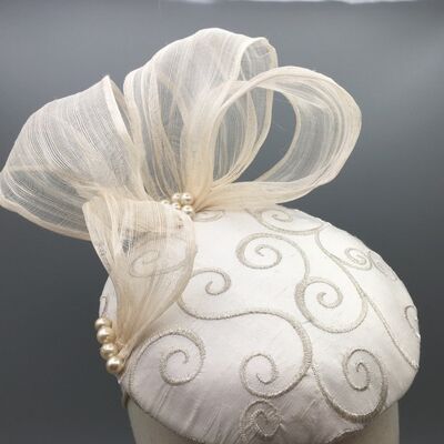 Marji - Cream embroidered silk button headpiece with silk abaca bow and pearls - Cream - Button headpiece - silk
