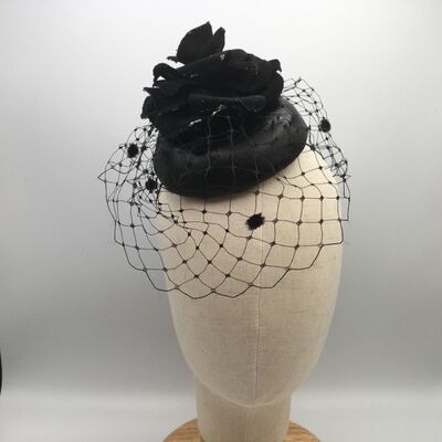 Rosemary - Black leather button cocktail hat with a hand made velvet flower - Black - Fascinator - Leather