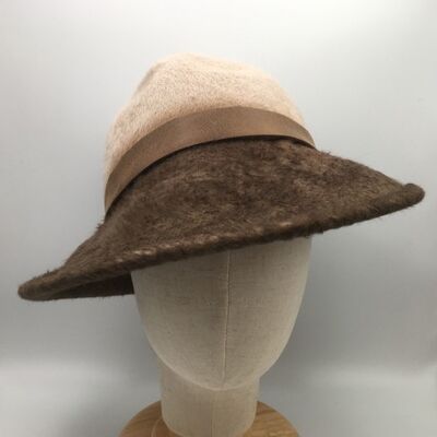 Frances - Brown and beige Melusine fur felt trilby with leather trim - Brown - Trilby style hat