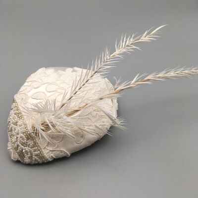 Whitney - White silk and lace fascinator with beads and feathers - White - Fascinator - silk
