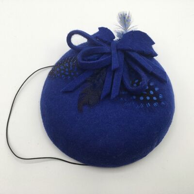 Olivia - Small royal blue felt fascinator button trimmed with feathers and felt - Blue - Button headpiece - Felt