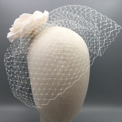 Claudia - White handmade silk flower on a headband with birdcage veil - White - Headband - silk