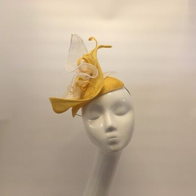 Emma -Yellow sinamay headpiece trimmed with white and yellow - Yellow - Sculptured Headpiece - Sinamay straw