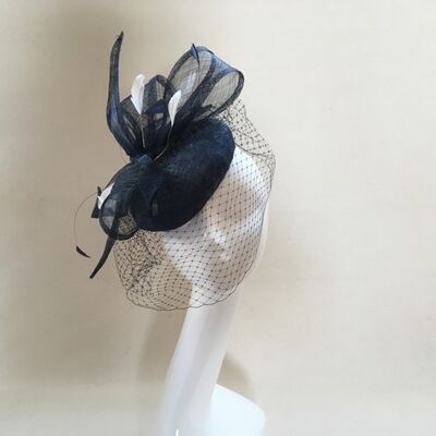 Angela - Navy sinamay button with feathers, and sinamay bow - Navy - Button headpiece - Sinamay straw