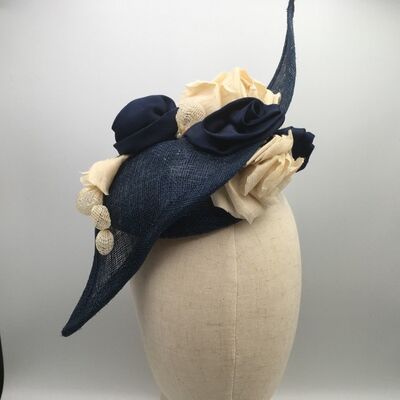 Naim - Blue Sinamay button with a sinamay trim and handmade silk roses - Navy - Sculptured Headpiece - Sinamay straw