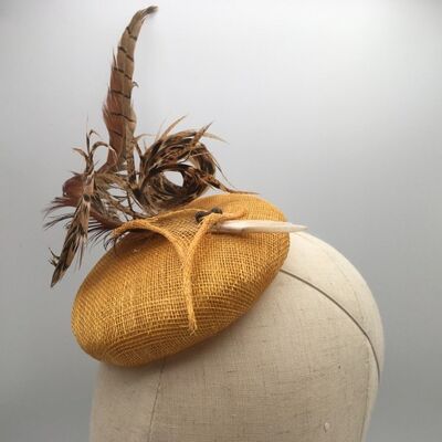 Mary - Small mustard sinamay fascinator with pheasant feathers - Mustard - Button headpiece - Sinamay straw