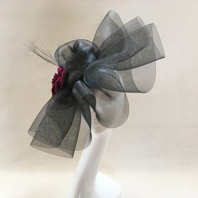 Valerie - Black crinoline headpiece with a sinamay base and camillia - Black - Picture hat - Millinery Crinoline