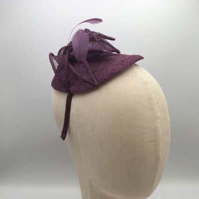 Nancy- Purple sinamay fascinator trimmed with feathers and sinamay - Purple - Fascinator - Sinamay straw
