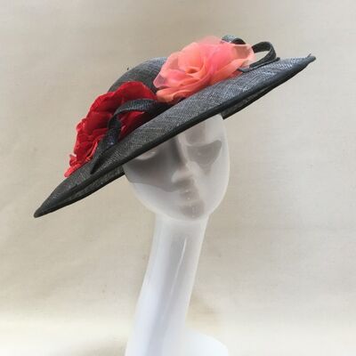 Black and red - Black sinamay hat with hand made red flowers - Black - Picture hat - Sinamay straw