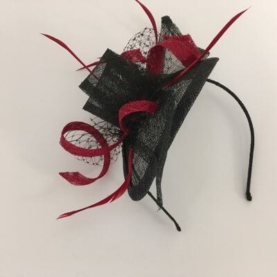 Lexi - Black and red sinamay fascinator on a covered headband - Black - Fascinator - Sinamay straw