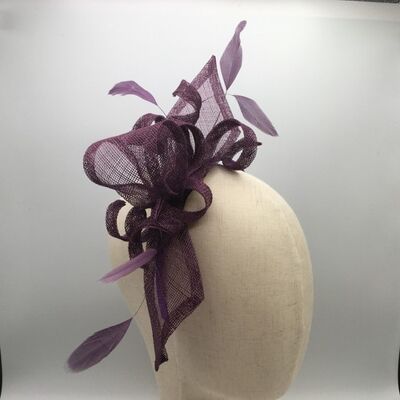 Lottie -Purple sinamay bows, loops and feathers on a purple headband - Purple - Headband - Sinamay straw