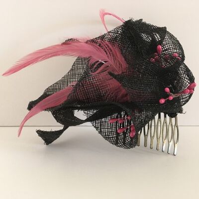 Bess Black sinamay lily fascinator trimmed with shocking pink feathers - Black - Fascinator - Sinamay straw