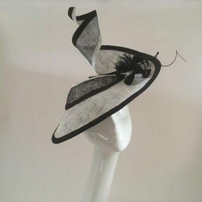 Black and White -Ascot spiral hat in black and white sinamay on a white button - White - Sculptured Headpiece - Sinamay straw