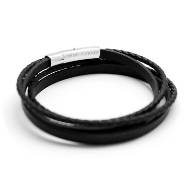 Men's black mix leather bracelet - MON AMOUR engraving