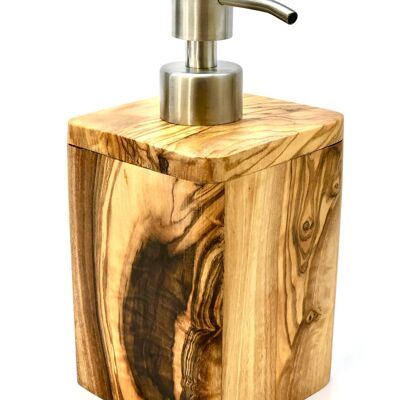 Dispensador de jabón DISFRUTA con dosificador fabricado en acero inoxidable madera de olivo