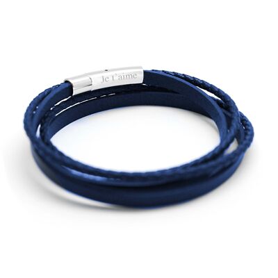 Pulsera de cuero mixto azul para hombre - grabado JE T'AIME