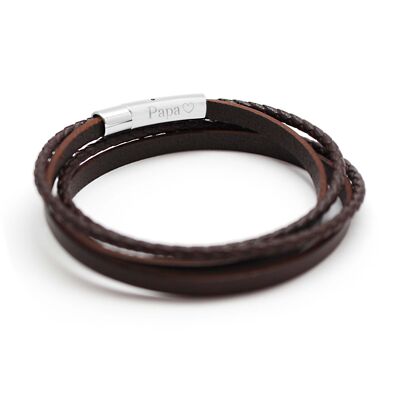 Men's brown mix leather bracelet - PAPA HEART engraving