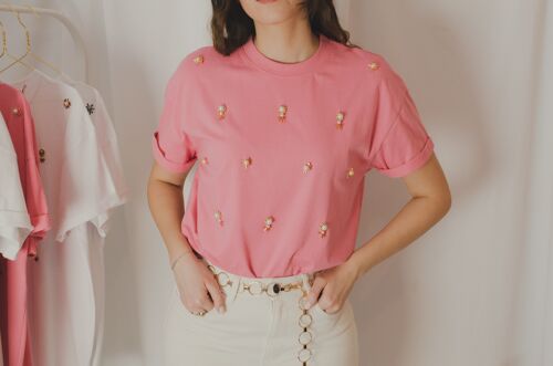T-shirt rose taille unique brodé de perles blanches et dorées