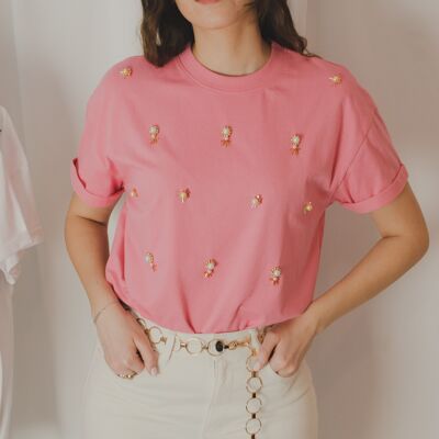 Camiseta rosa talla única bordada con cuentas blancas y doradas