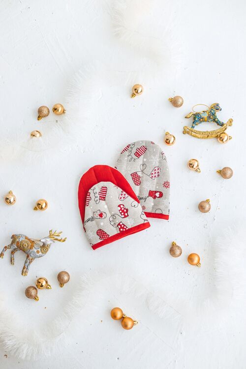 Christmas Linen Mini Mitt Glove Pot Holder Bakery Gift Home Shop MITTENS print