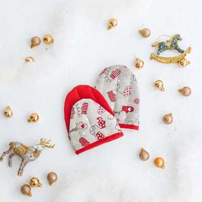 Christmas Linen Mini Mitt Glove Pot Holder Bakery Gift Home Shop MITTENS print
