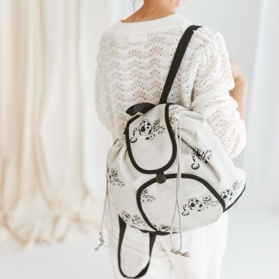 Linen Backpack • Women’s Boho Rucksack CATS Print