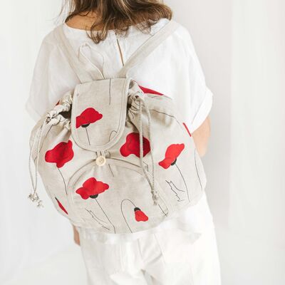 Linen Backpack  • Women’s Girls Drawstring Boho Rucksack POPPIES NATURAL