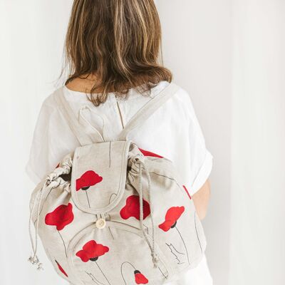 Linen Backpack  • Women’s Girls Drawstring Boho Rucksack POPPIES NATURAL