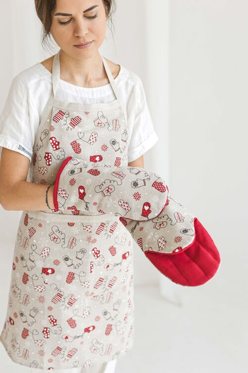 Linen Bib Apron • Christmas Apron Gift.  MITTENS