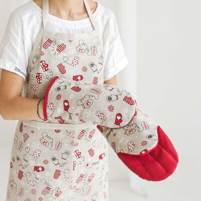 Linen Bib Apron • Christmas Apron Gift.  MITTENS