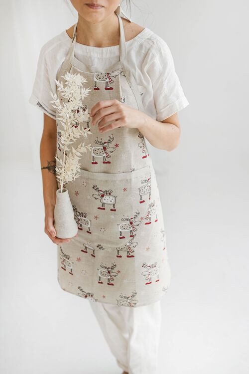 Linen Bib Apron • Pleated Christmas Apron Gift RUDOLPH